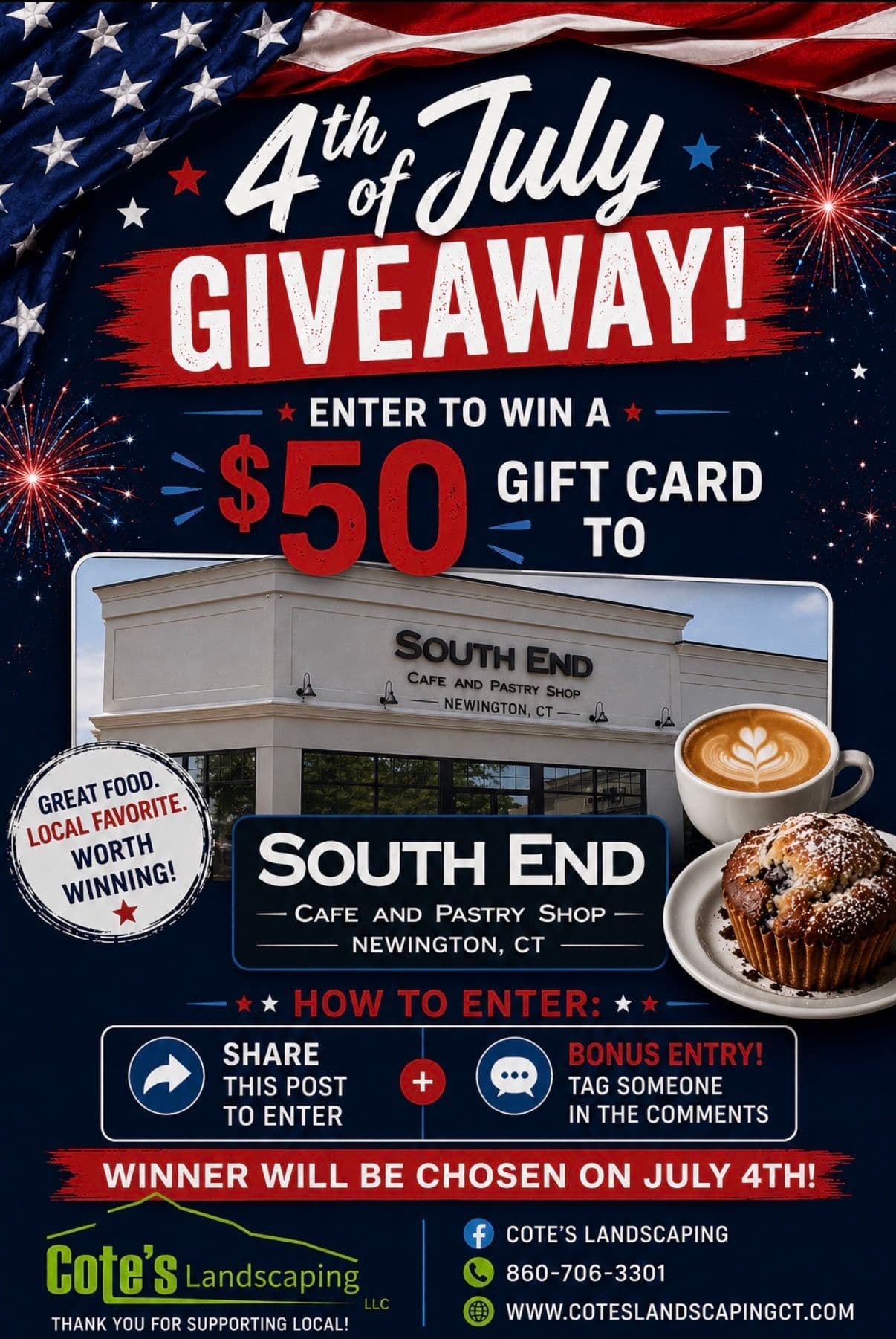 Project Cote's Landscaping 4th of July Giveaway - Win a $50 South End Cafe Gift Card image